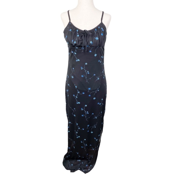 Vintage 90s Y2K Candy Rocket Sleeveless Maxi Dress with Slit Black Blue Floral - Picture 1 of 11